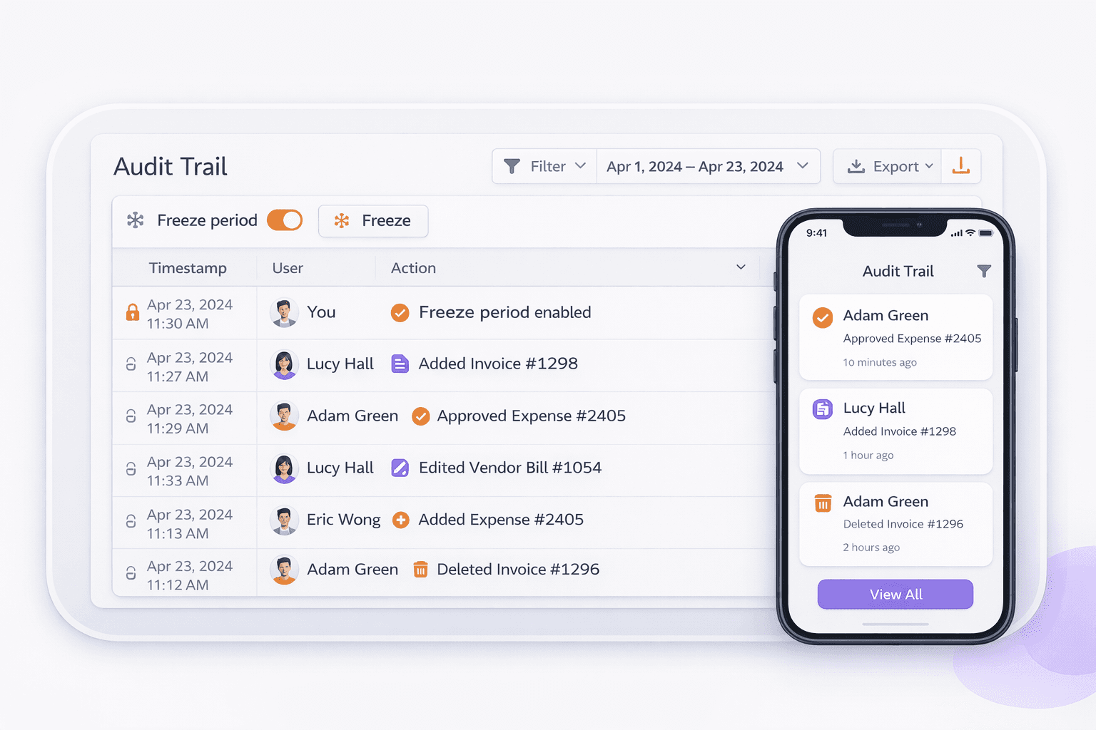 Audit Trail + Freeze Transactions UI preview